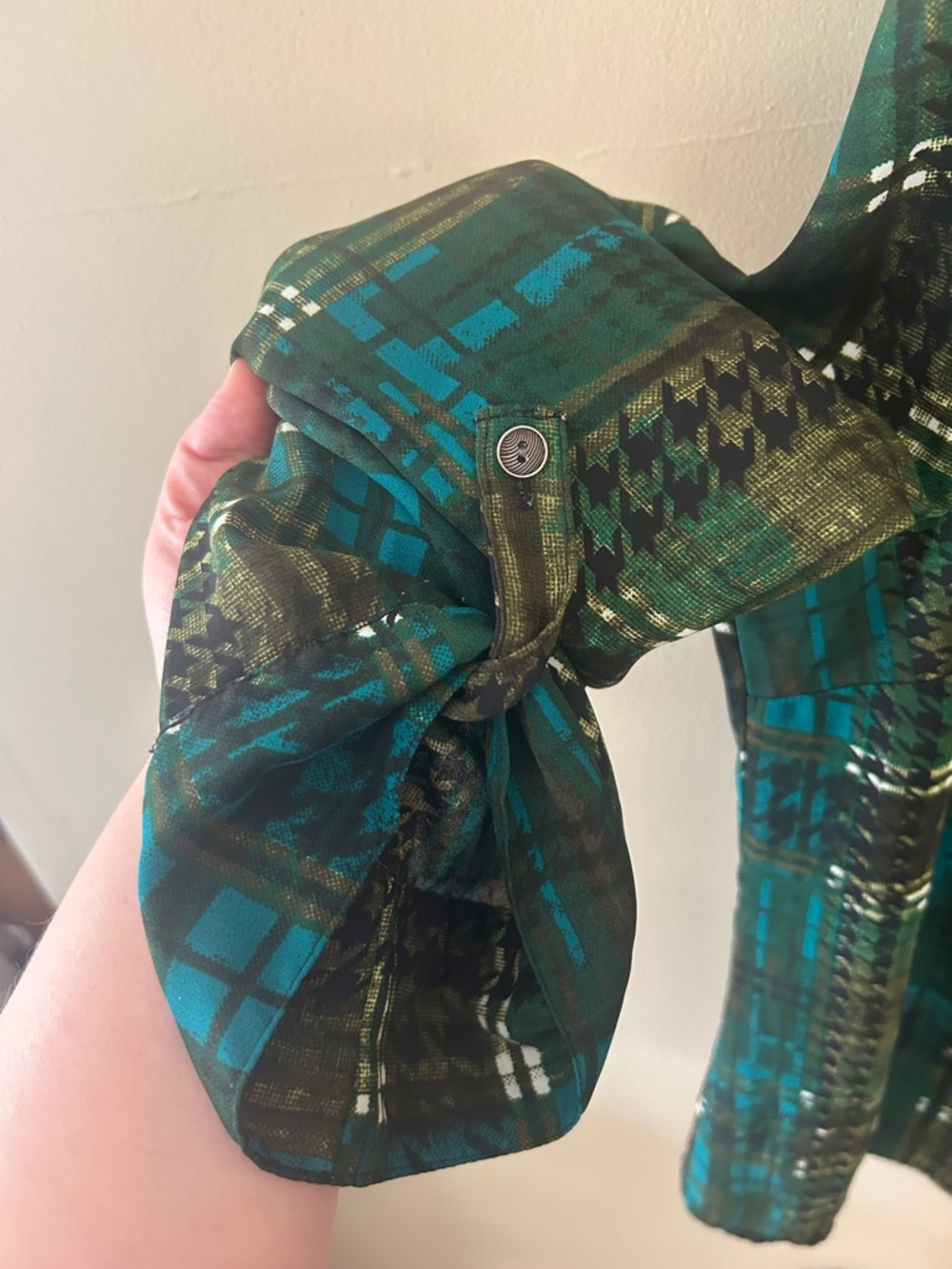 NY Collection Teal and Olive Plaid Button-Front Blouse - Picture 5 of 5